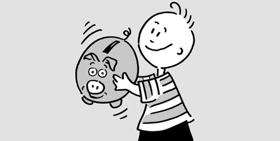 Ein Junge mit einem Sparschwein als Comic