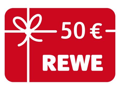 Rotes Geschenkicon mit 50 Euro in Schrift und dem Rewe Logo